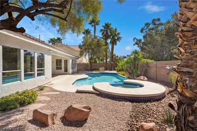 Beautiful backyard with pool and spa, mature trees