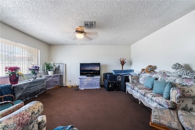 Living room featuring carpet, a textured ceiling,