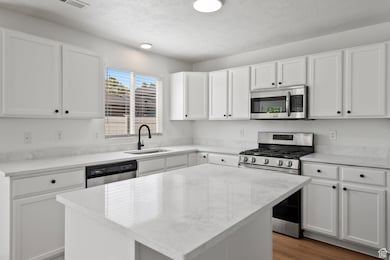 Kitchen with stainless steel appliances, white cabinets, a textured ceiling, a kitchen island, and light stone counters