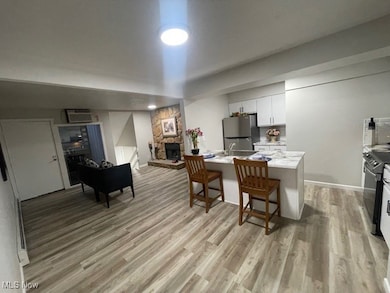 Kitchen featuring white cabinetry, a kitchen bar, light wood-type flooring, open floor plan, and stainless steel appliances