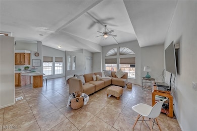 Living room with vaulted ceiling, ceiling fan, and