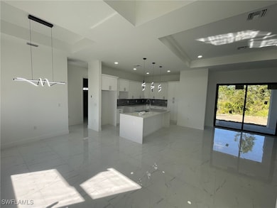 Kitchen with a center island, a raised ceiling, pe