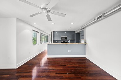 Kitchen with a peninsula, modern cabinets, dark w