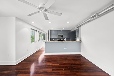 Kitchen with a peninsula, modern cabinets, dark w