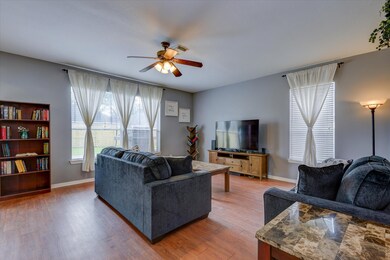 The living room features abundant natural light, l