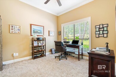Office space with carpet floors, ceiling fan, and ornamental molding