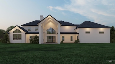 Rear view of property featuring a chimney, stucco siding, a yard, and a shingled roof