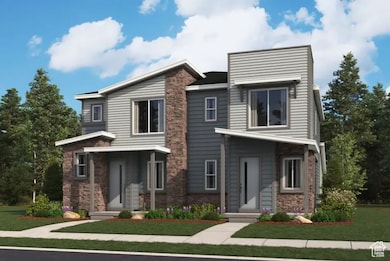 Contemporary home with a front yard and stone siding