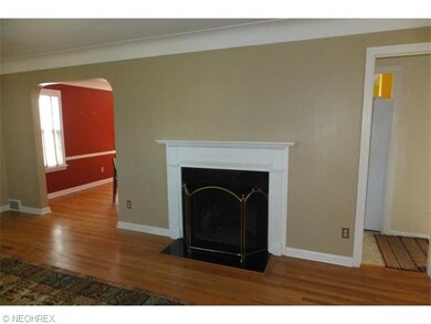 Wood-burning fireplace, cove moldings, arched door