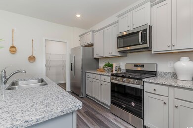 Kitchen with dark wood-type flooring, stainless st