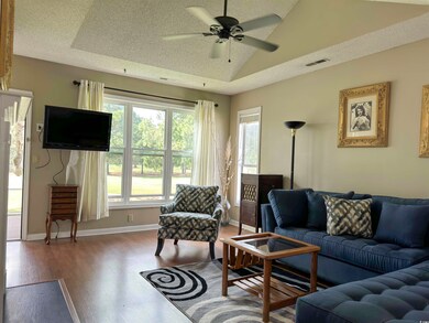 Living room with ceiling fan, a textured ceiling, 