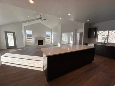 Kitchen featuring vaulted ceiling, plenty of natural light, dark wood-style flooring, recessed lighting, and a fireplace