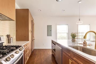 Kitchen with dark wood-type flooring, sink, appliances with stainless steel finishes, electric panel, and pendant lighting