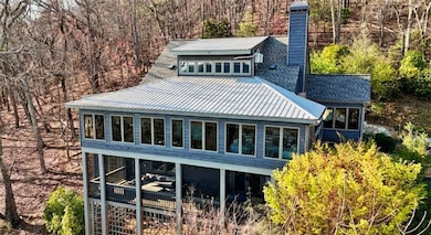 Back of property with a chimney and a metal roof