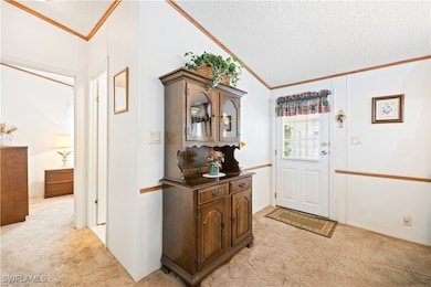 Foyer entrance featuring light carpet, crown moldi