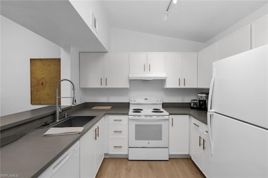 Kitchen featuring white appliances, under cabinet range hood, lofted ceiling, a sink, and dark countertops