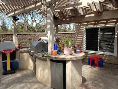 Gas BBQ with FireMagic grill, side burner, keg tap and refrigerator.