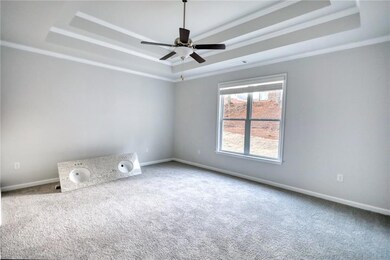 Spare room with carpet flooring, ceiling fan, a ra