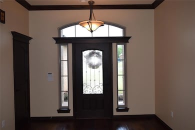 Foyer entrance featuring crown molding, dark wood-style flooring, and baseboards