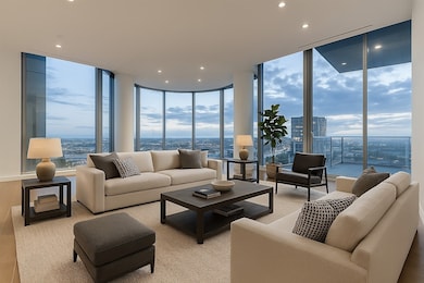 Living room with floor to ceiling windows, recessed lighting, a city view, plenty of natural light, and wood finished floors