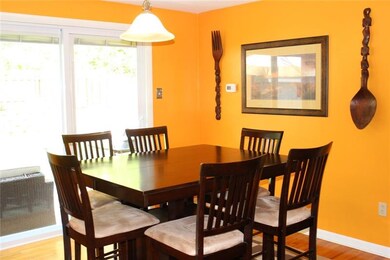 The bright dining room is just steps away from the