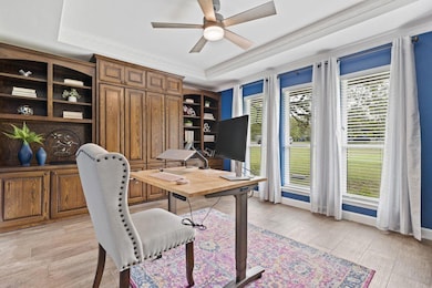 Office space with a raised ceiling, a ceiling fan