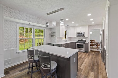 Kitchen with wallpapered walls, stainless steel appliances, white cabinetry, decorative light fixtures, and dark wood finished floors