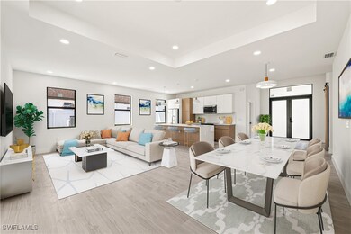Dining space with recessed lighting, light wood-st