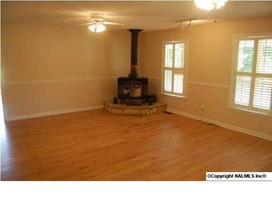 Spacious great room has hardwood floors and this free standing wood burning stove.