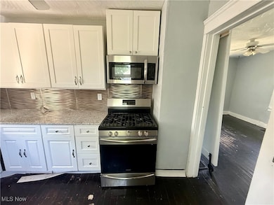 Kitchen featuring stainless steel appliances, white cabinets, dark wood finished floors, tasteful backsplash, and a ceiling fan