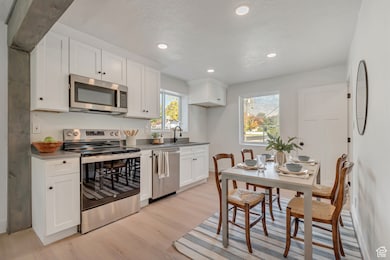 Kitchen with appliances with stainless steel finishes, white cabinets, plenty of natural light, light wood finished floors, and recessed lighting