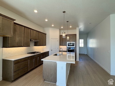 Kitchen with decorative backsplash, an island with sink, pendant lighting, dark brown cabinetry, and recessed lighting