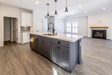 Kitchen with white cabinetry, a large fireplace, s