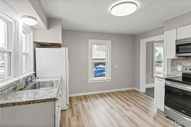 Kitchen featuring stainless steel appliances, light wood-style floors, white cabinets, backsplash, and light countertops