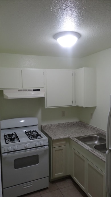 Kitchen featuring stove, exhaust hood, sink, dark
