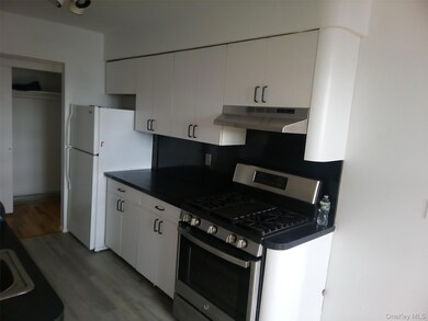 Kitchen featuring gas stove, dark countertops, white cabinets, under cabinet range hood, and light wood-style floors