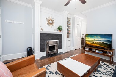 living room with built in book case