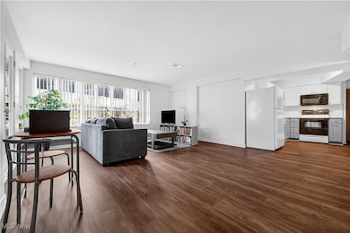 Living room with dark wood-type flooring