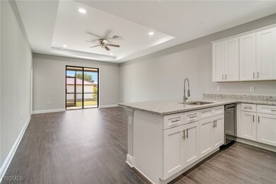 Kitchen with white cabinets, light stone counters, a raised ceiling, dark wood finished floors, and a peninsula