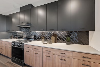 Kitchen with gas range, under cabinet range hood,