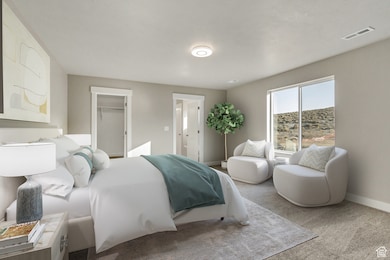 Bedroom featuring carpet and a spacious closet