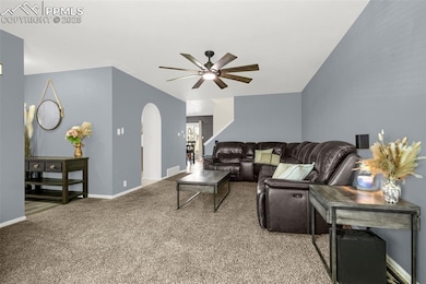 Living room featuring carpet flooring, arched walk