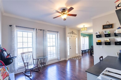 Foyer with a wealth of natural light, dark wood-type flooring, ornamental molding, and a ceiling fan
