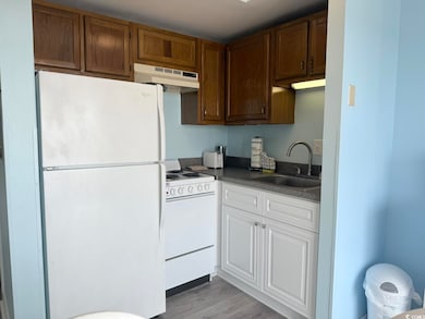 Kitchen with white appliances, under cabinet range hood, dark countertops, and light wood-type flooring