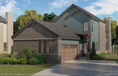 View of front of property featuring an attached garage, concrete driveway, and brick siding