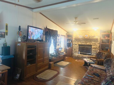 Living room featuring a ceiling fan, crown molding, wood finished floors, and a fireplace