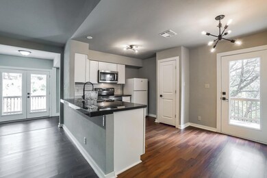 Kitchen with white cabinets, french doors, appliances with stainless steel finishes, dark countertops, and dark wood-type flooring