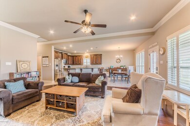 Open living, dining, kitchen