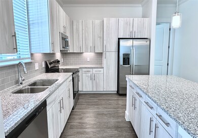 Modern kitchen with light cabinetry, lots of stora