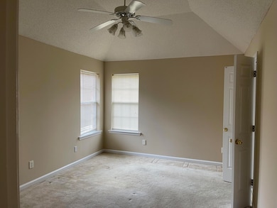 Empty room with ceiling fan, lofted ceiling, a tex